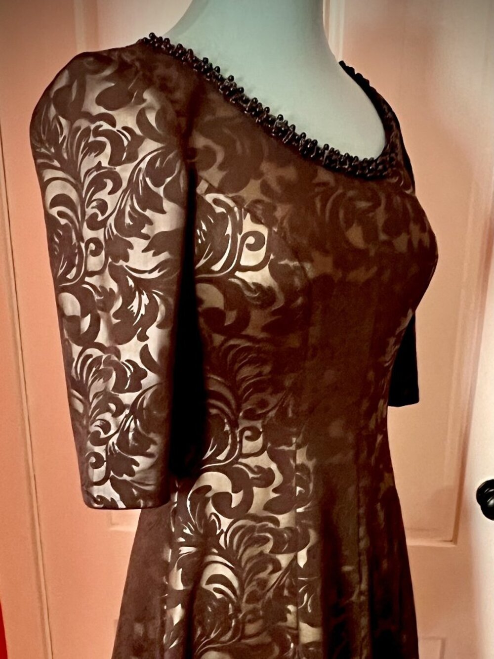 JAX Size 2 Brown Sheer Flocked Fit & Flare Dress Beaded Neckline